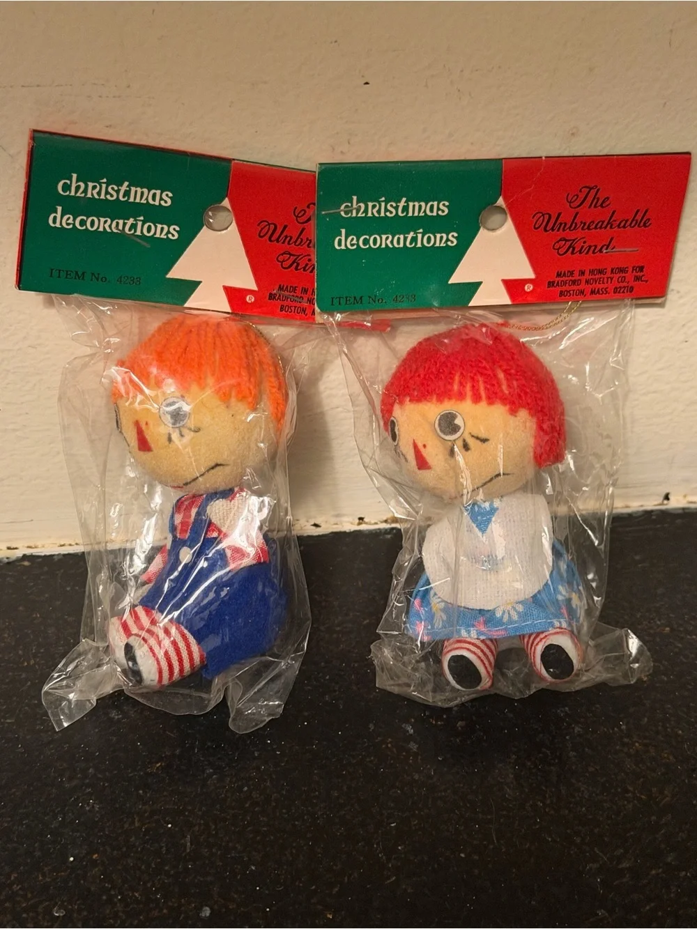 Vintage Christmas Ornaments, Raggedy Ann & Andy Dolls